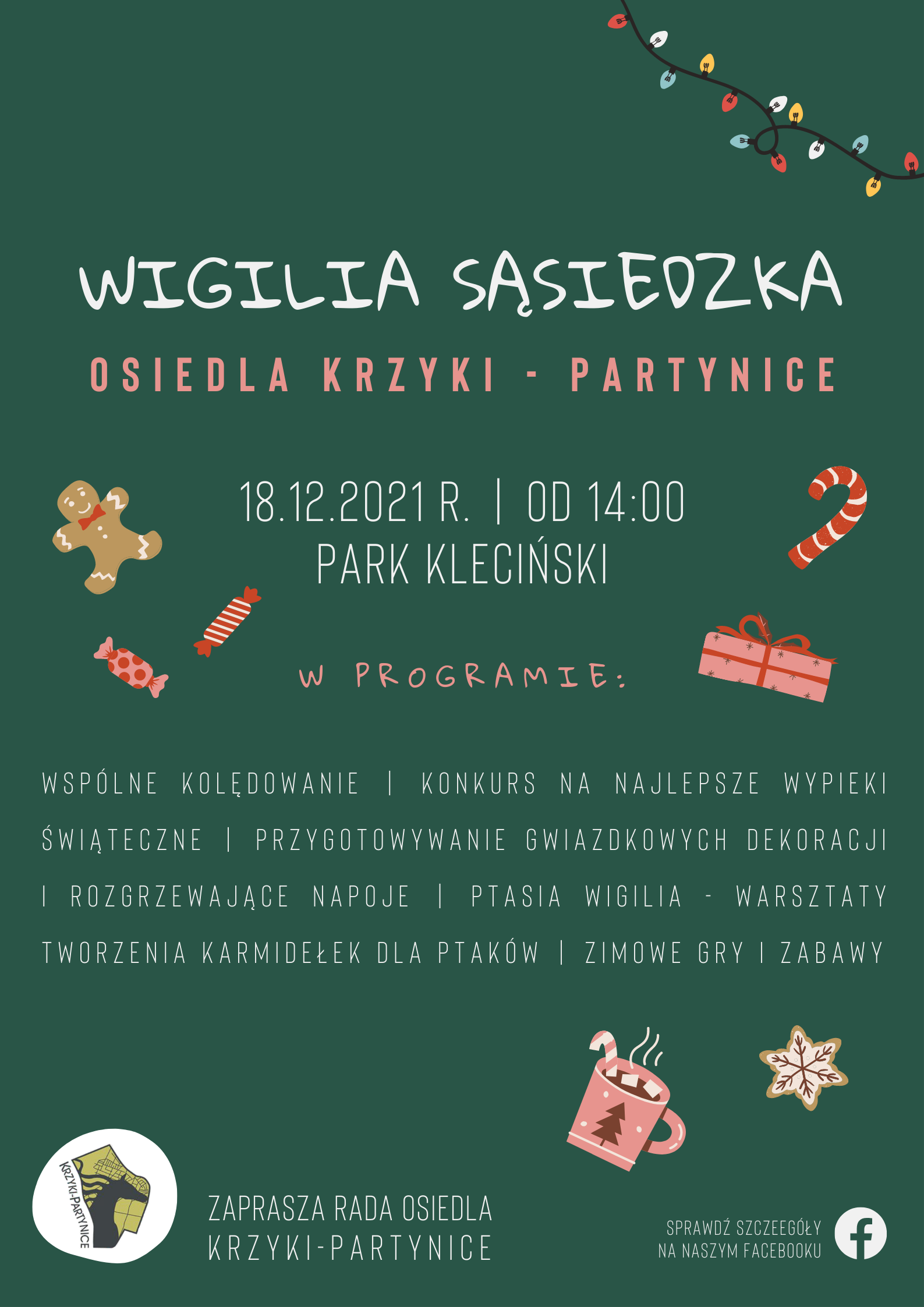 Grafika przedstawia plakat Rady Osiedla Krzyki- Partynice zapraszający na Wigilię Sąsiedzką 18 grudnia 2021r. od godziny 14:00 w parku klecińskim