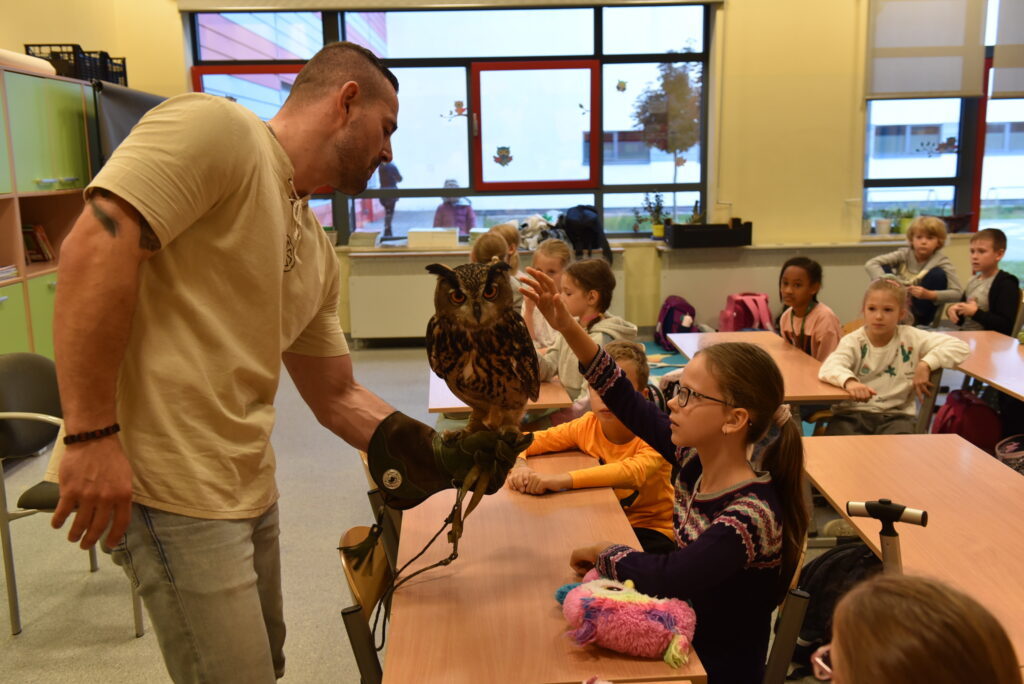 Uczennica klasy 2a głaszcze sowę.