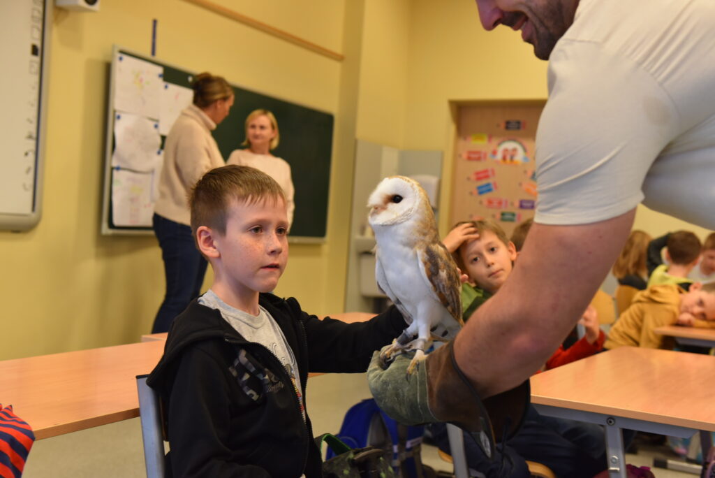 Uczeń klasy 2a głaszcze sowę.