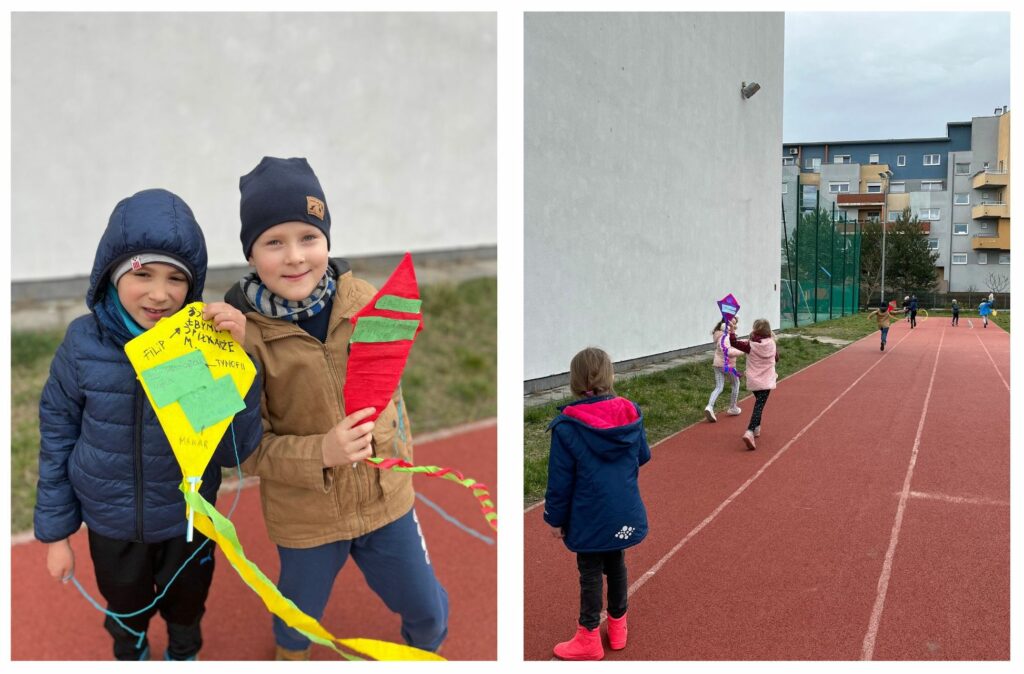 Klasa 1c z wykonanymi latawcami - podsumowanie projektu.
