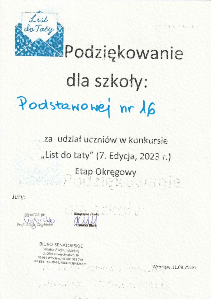 Podziękowanie dla SP 16 we Wrocławiu za udział uczniów w konkursie.