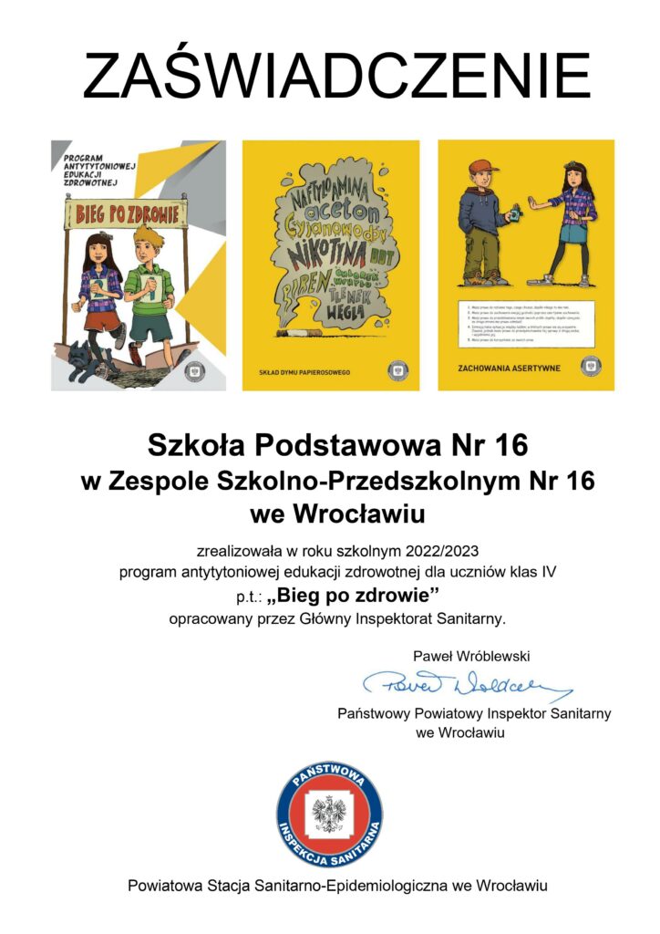 Zaświadczenie dla SP 16 we Wrocławiu dotyczące udziału w programie Bieg po zdrowie.