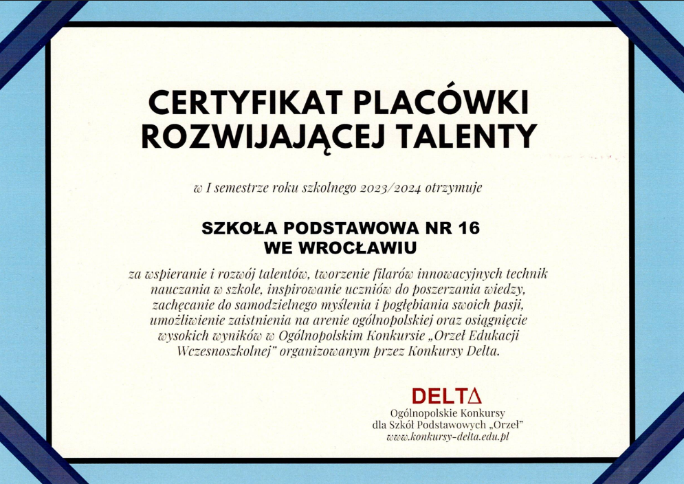 Certyfikat placówki rozwijającej talenty