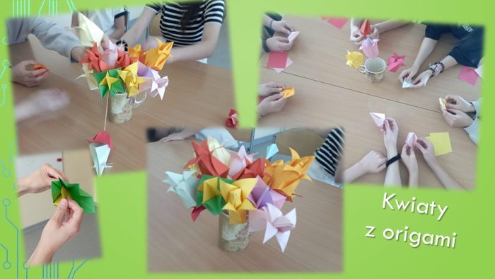 Kwiaty z origami wykonane przez uczniów klasy 8b