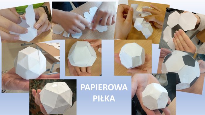 Prace uczniów klas 7b i 7c podczas sklejania papierowych wielościanów podobnych do piłki