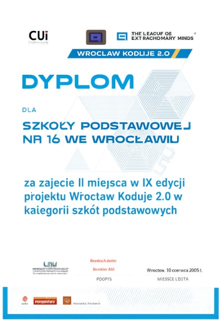 Dyplom dla szkoły za zajęcie II miejsca w IX edycji projektu Wrocław Koduje w kategorii szkół podstawowych