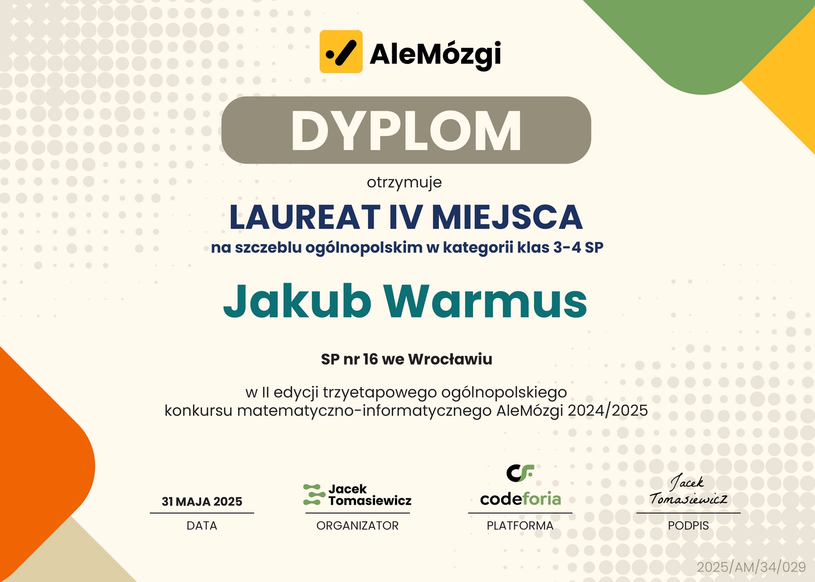 Dyplom dla Jakuba Warmusa, laureata IV miejsca na szczeblu ogólnopolskim w kategorii klas 3-4 SP
