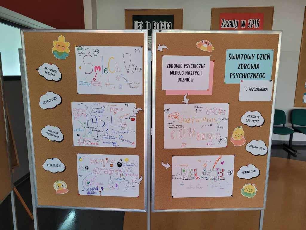 Gazetka szkolna prezentująca plakaty stworzone przez uczniów