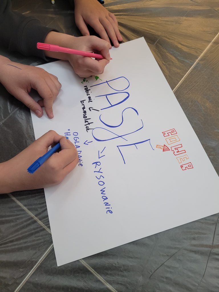 Uczniowie tworzący plakat dotyczący pasji