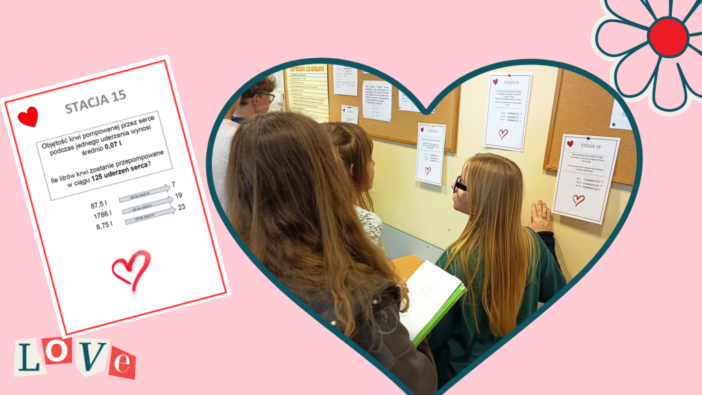 Praca uczniów klas 8a i 8b przy walentynkowych matematycznych stacjach zadaniowych