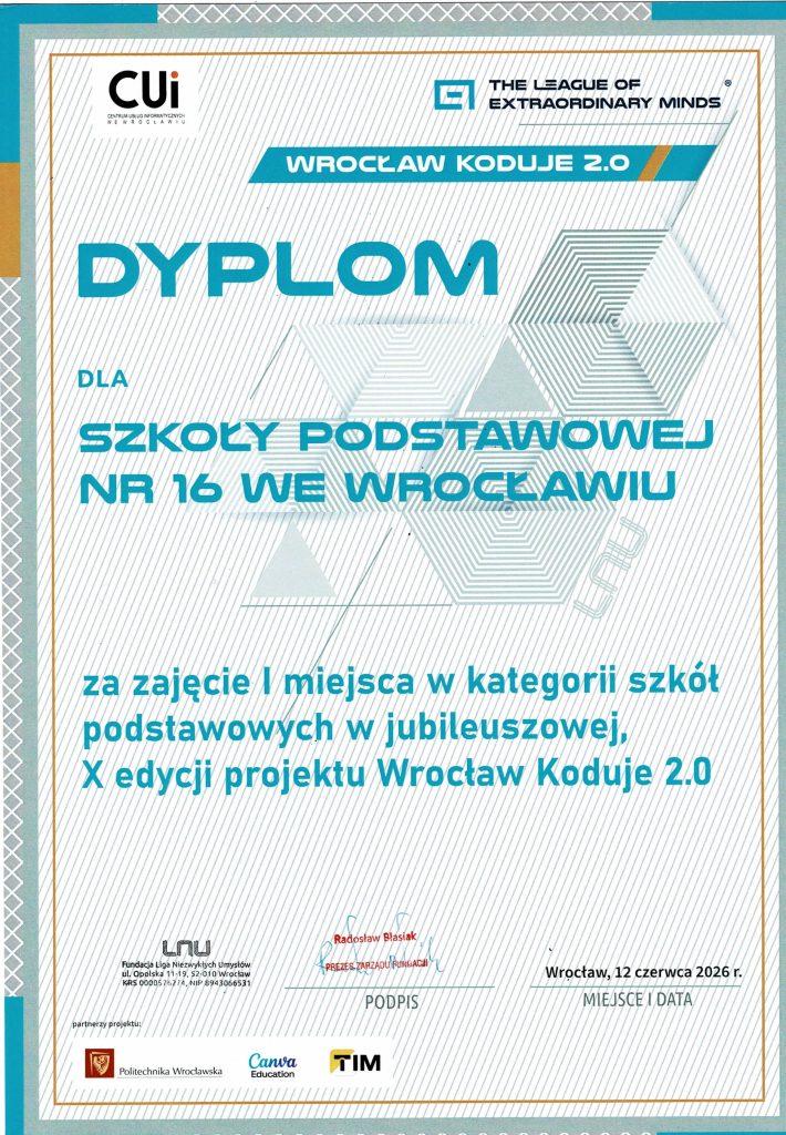 Dyplom dla szkoły za zajęcie I miejsca w X, jubileuszowej edycji projektu Wrocław Koduje w kategorii szkół podstawowych