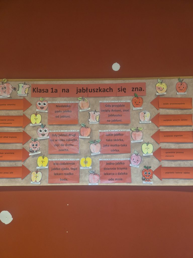 Tablica z grafikami i pracami plastycznymi.
