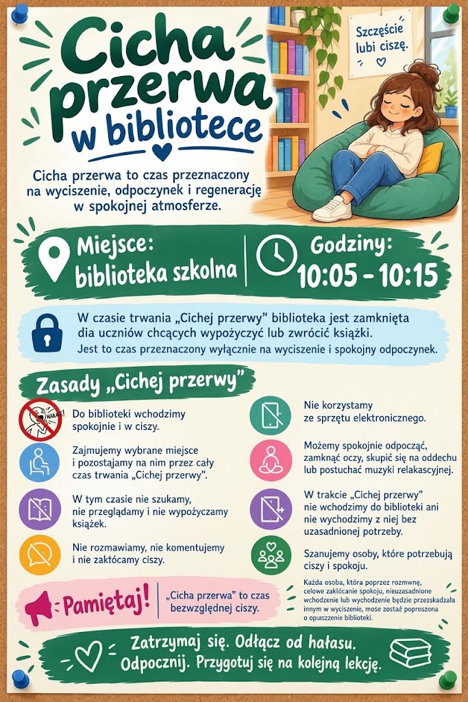 Plakat Cicha Przerwa w Bibliotece.